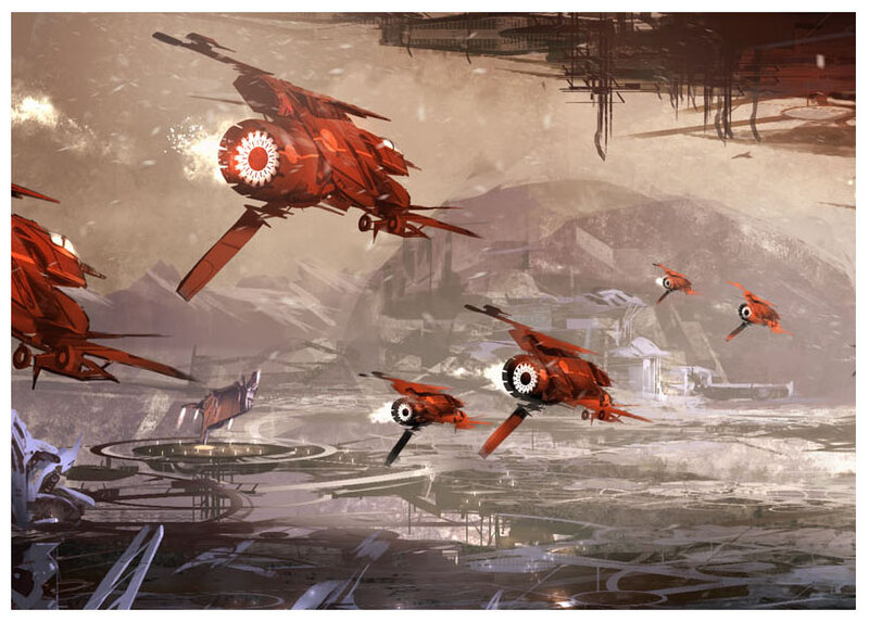 Red fighter jets in combat