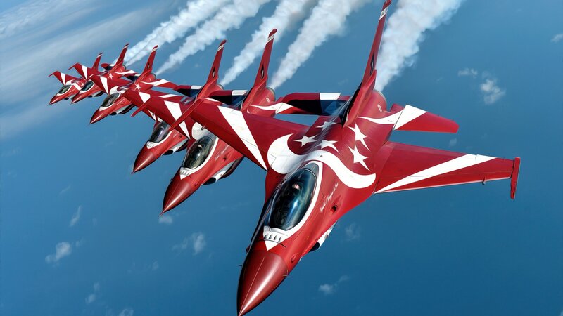 Red Fighter Jets in Formation — Dramatic