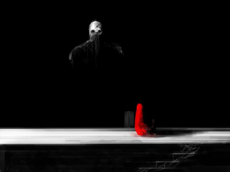 Red figure facing a ghostly entity