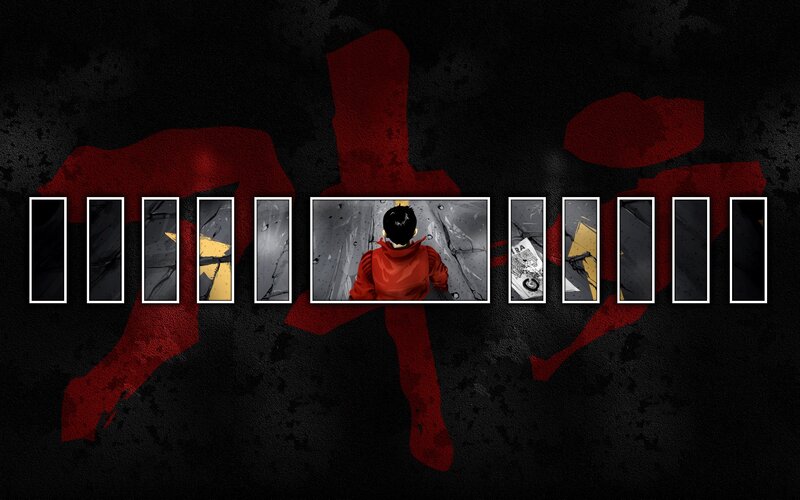 red figure in comic panels