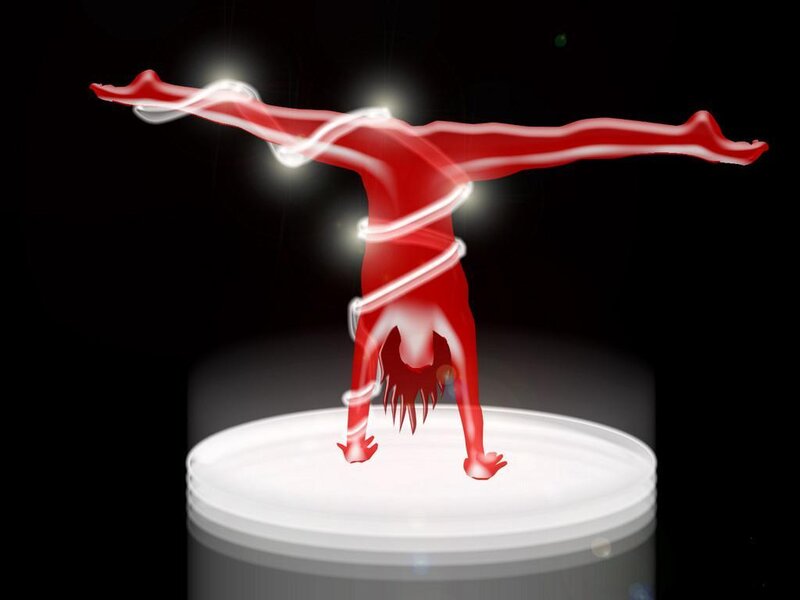 Red figure in handstand pose