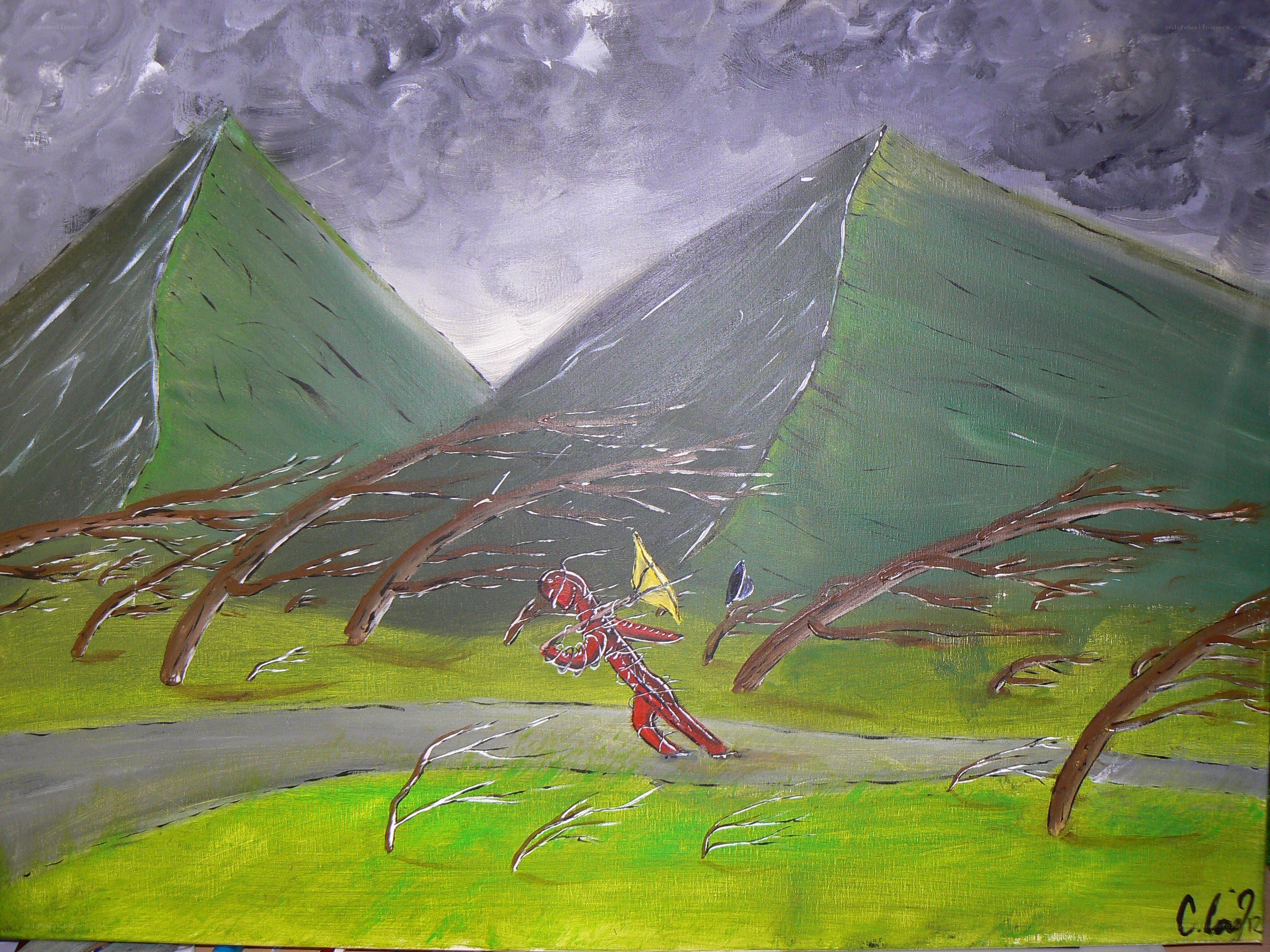 Red figure in stormy landscape
