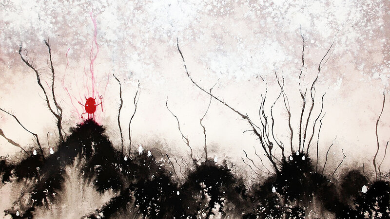 Red figure on a dark hill