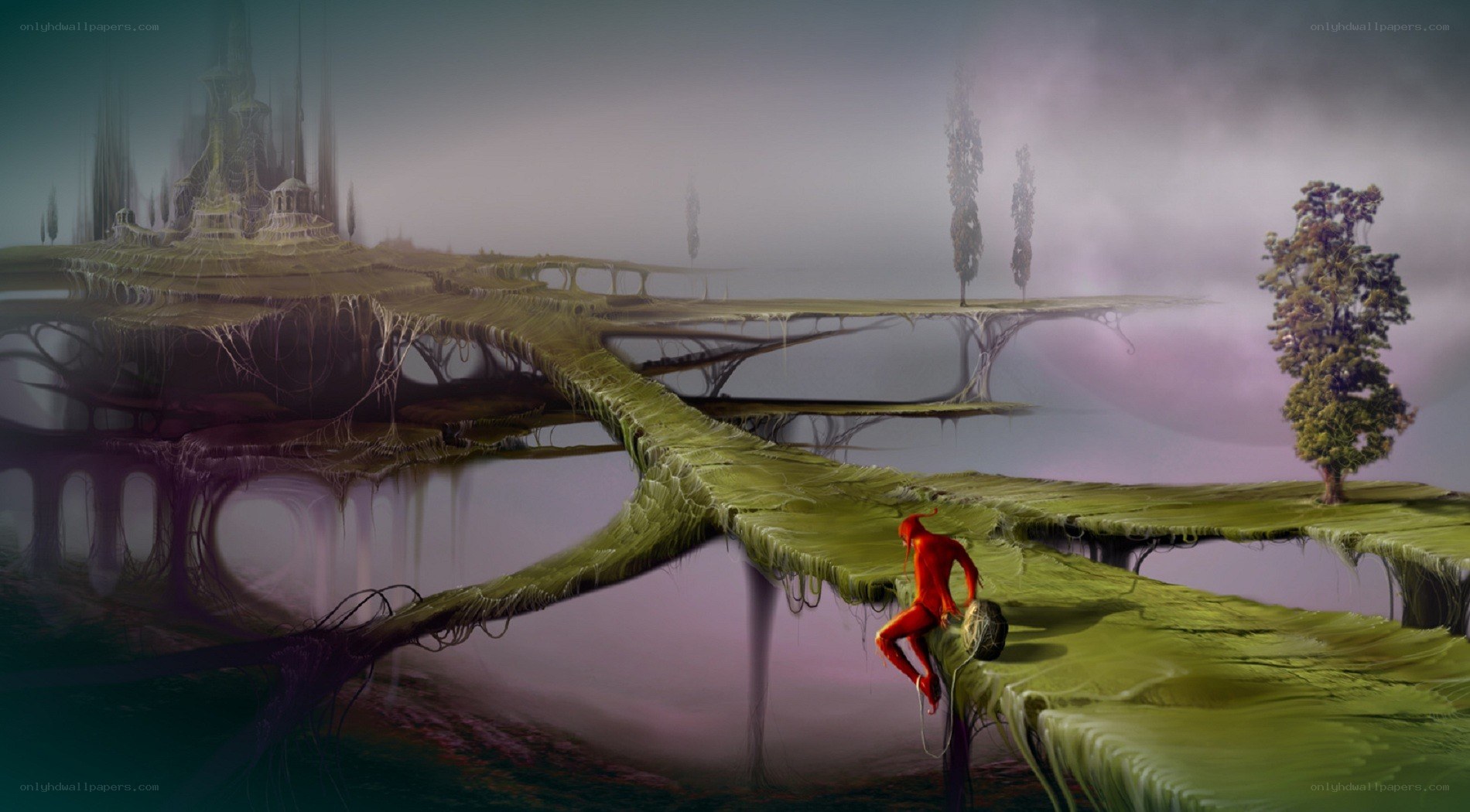 Red figure on a floating island