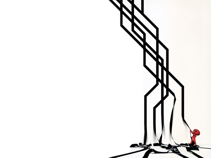 Red figure pulling black ribbons