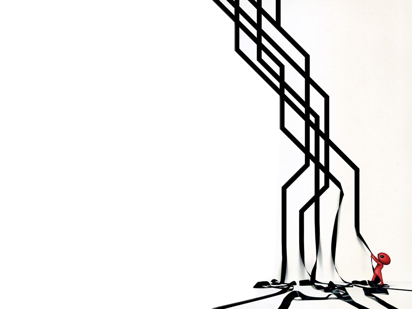 Red figure pulling black ribbons