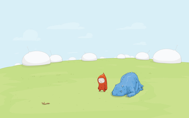 Red figure with blue creature