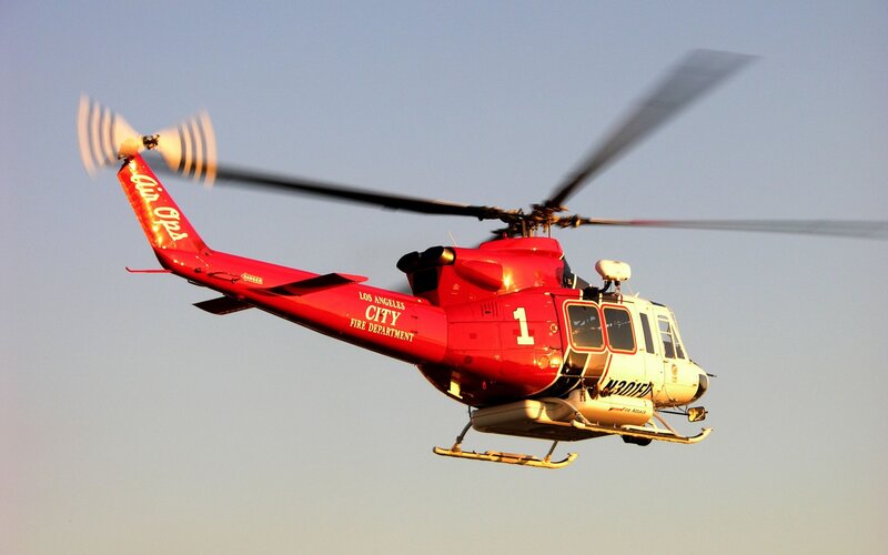 Red Fire Department Helicopter — Dramatic, Sunset, Photograph