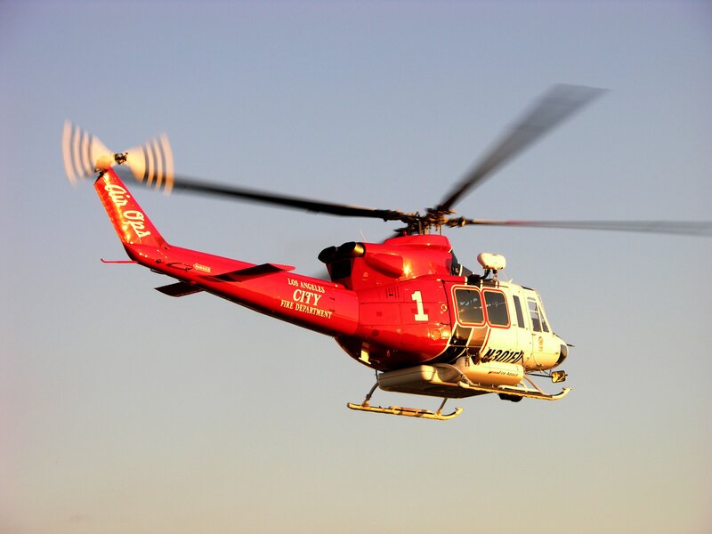 Red Fire Department Helicopter — Dramatic, Sunset
