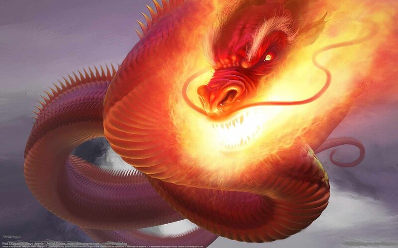 Red Fire Dragon — Dramatic, Digital Art, Clouds