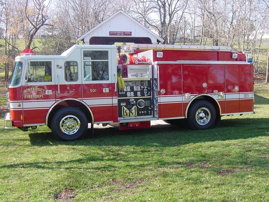 Red fire truck on grass