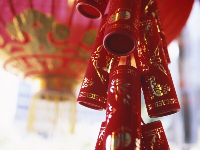 Red Firecrackers Hanging — Festive, Photograph