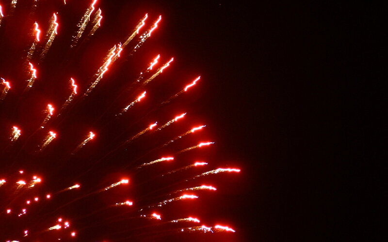 Red Fireworks Display — Dramatic, Night, Photograph, Night Sky, Explosions