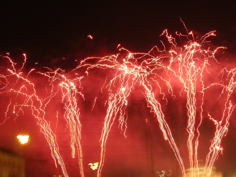 Red Fireworks Display — Dramatic, Night, Photograph, Sky, Lights