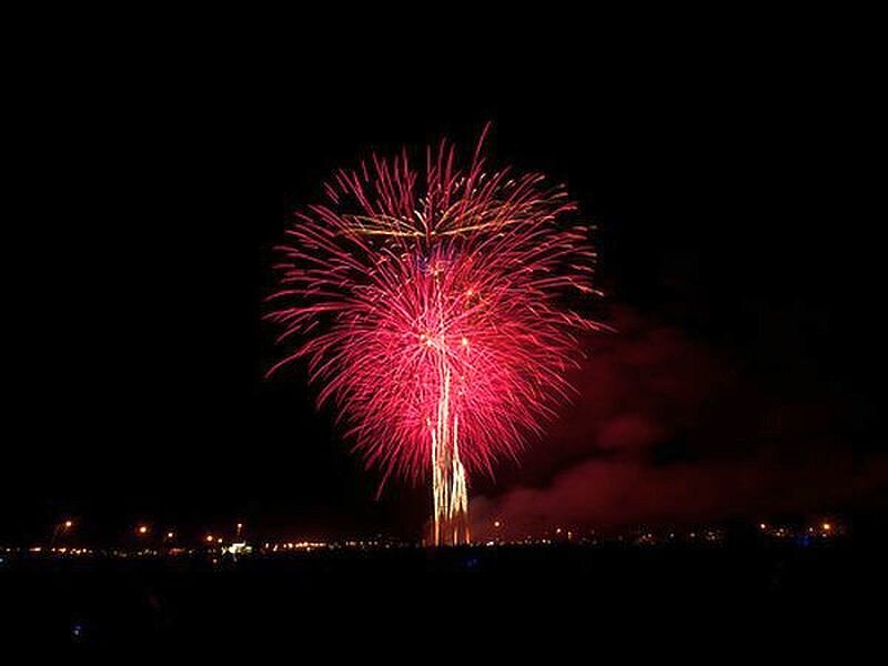 Red Fireworks Display — Dramatic, Night, Photograph, Sky