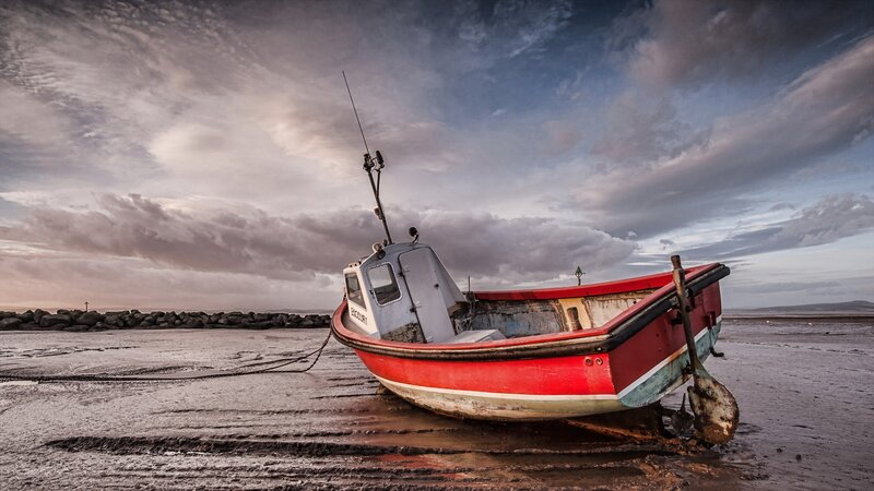 Red Fishing Boat — Dramatic, Sunset