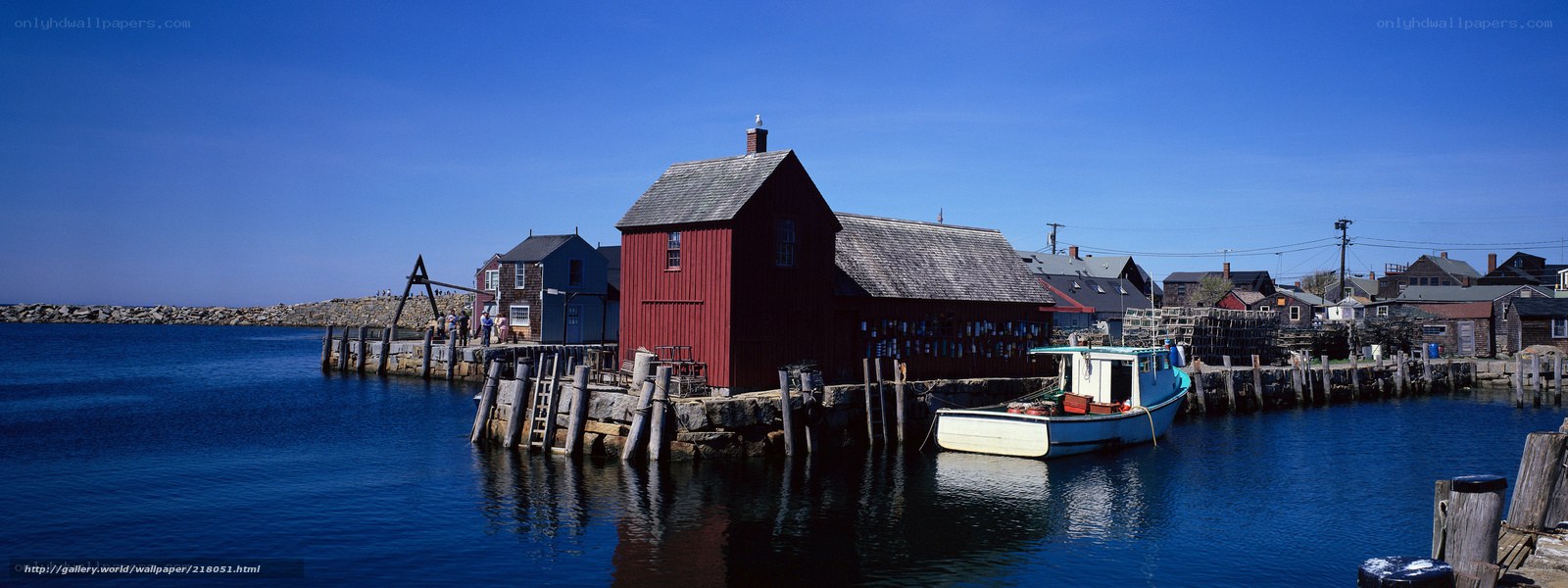 Red fishing shack at harbor