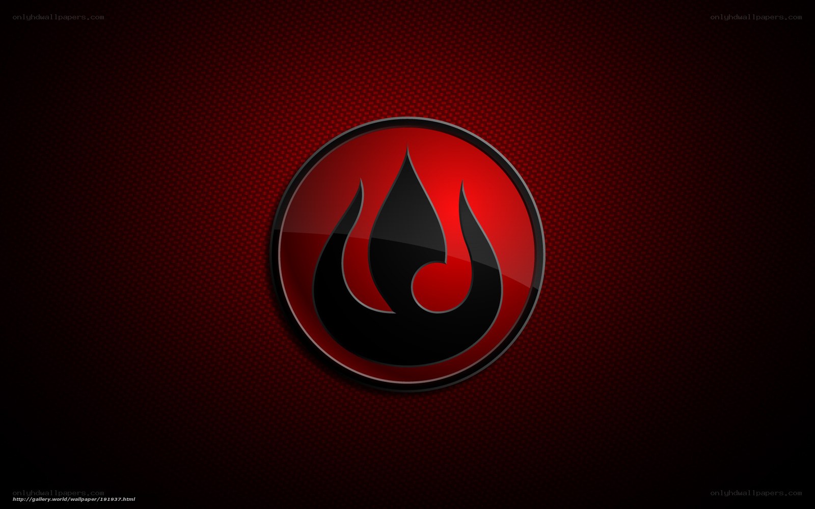 Red flame logo on dark background