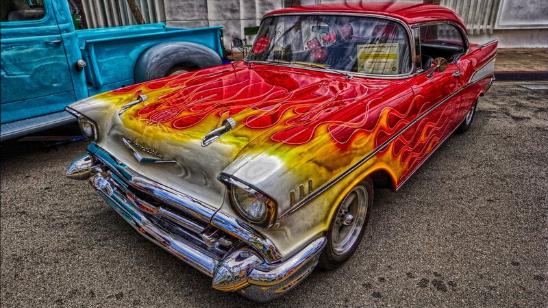 Red Flame-painted Car — Dramatic, Afternoon, Photograph