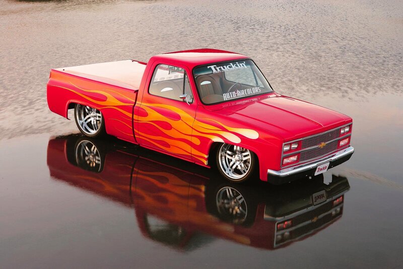 Red Flame-painted Pickup Truck — Dramatic