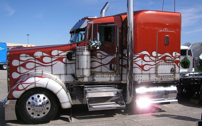 Red Flame-painted Semi-truck
