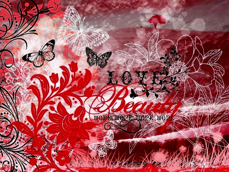 Red Floral Design with Butterflies — Romantic