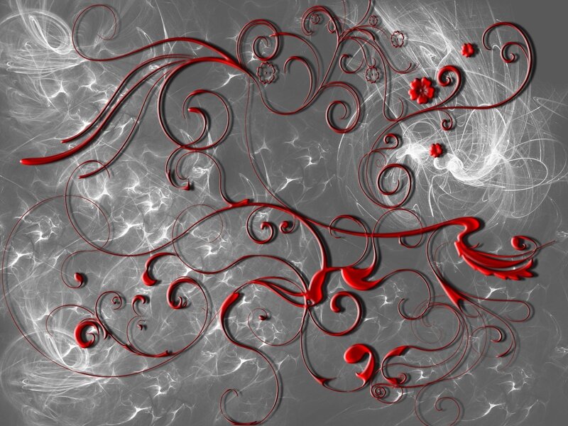 Red floral swirls on gray background