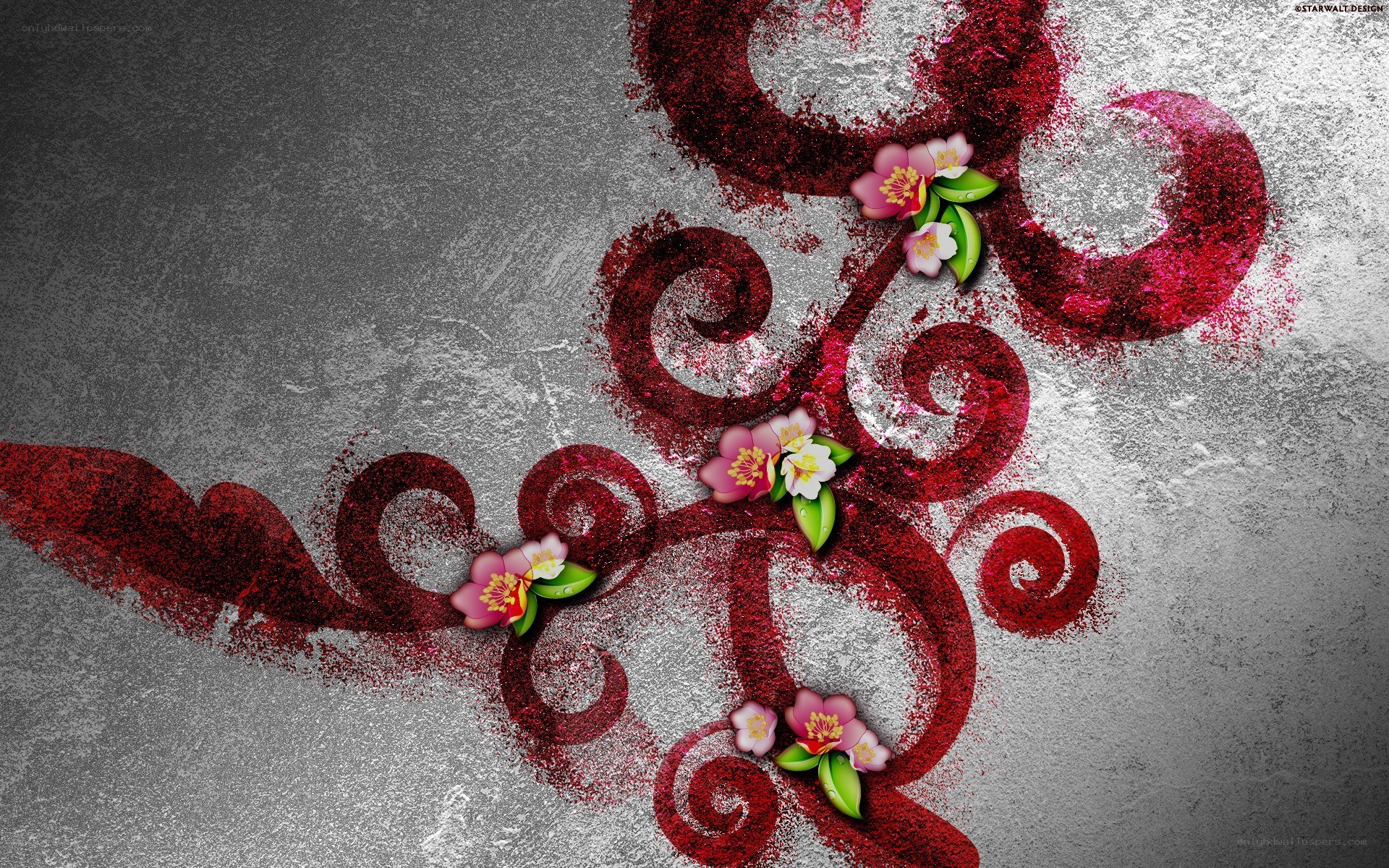 red floral swirls on gray