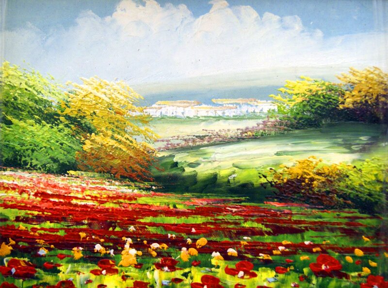 Red Flower Field — Serene, Afternoon, Painting