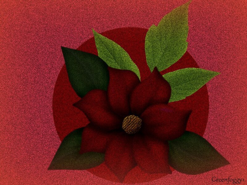 Red Flower with Green Leaves — Calm, Digital Art