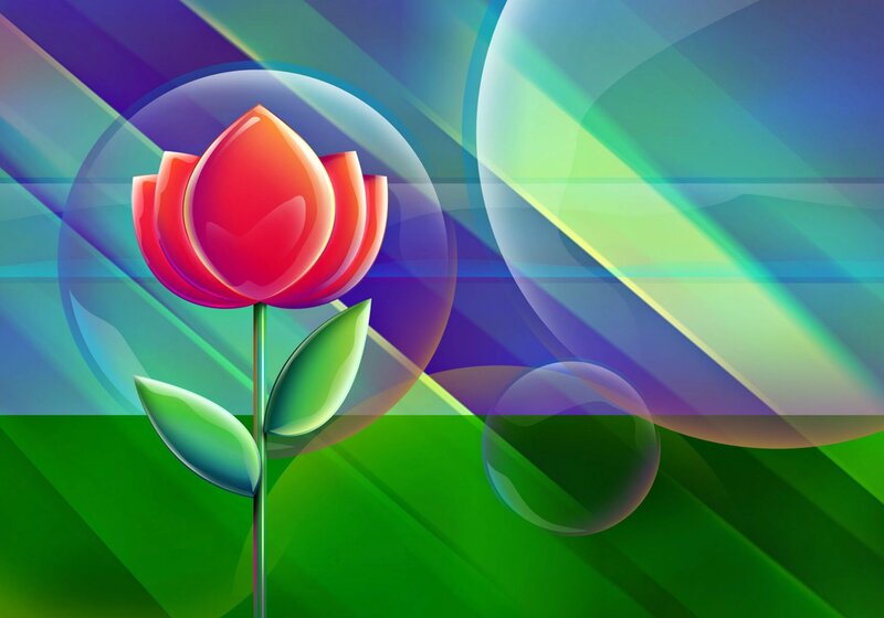 Red Flower with Green Leaves — Vibrant, Digital Art, Bubbles