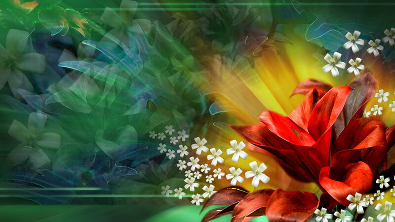 Red Flower with White Blossoms — Green, Vibrant