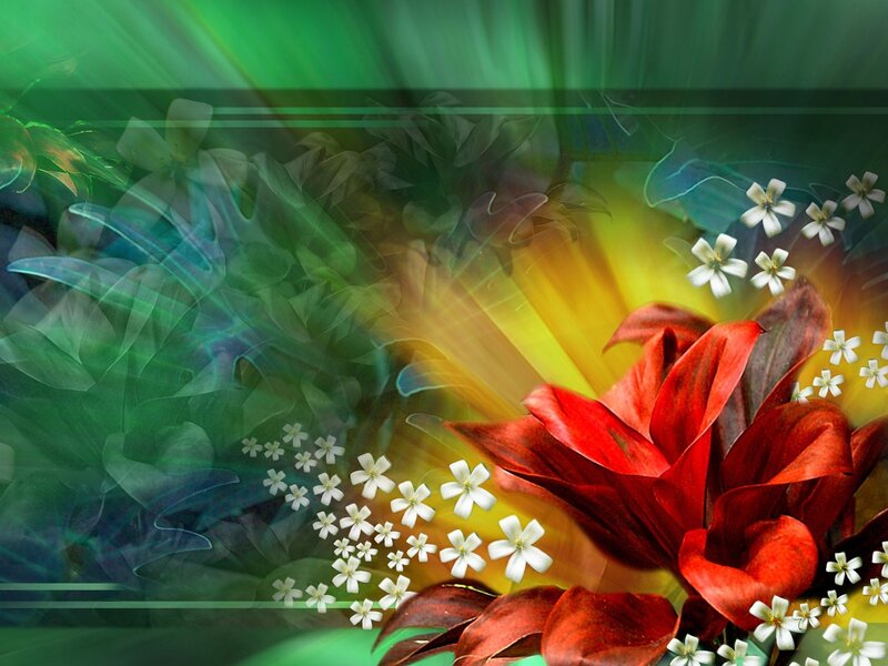 Red Flower with White Blossoms — Vibrant, Digital Art, White Flowers, Green Leaves, Light Rays