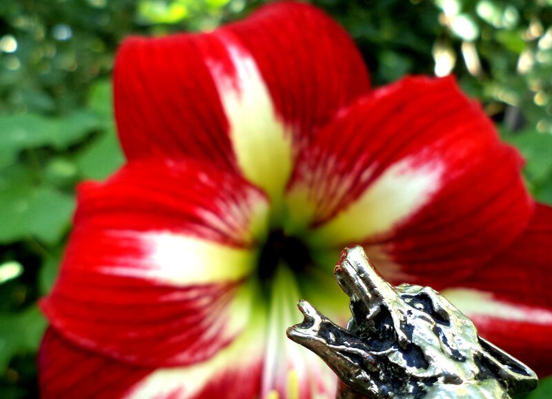 Red Flower with Wolf Figurine