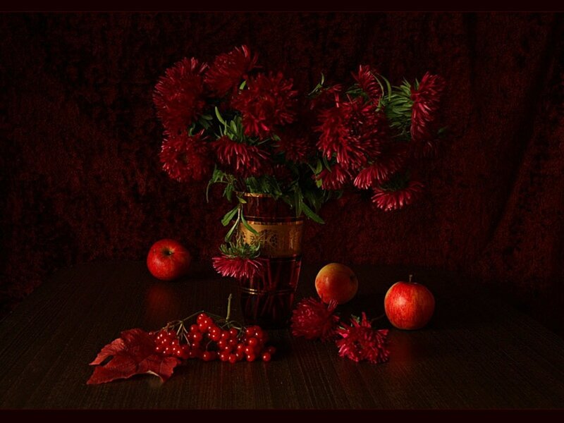 Red Flowers and Apples — Dramatic, Photograph
