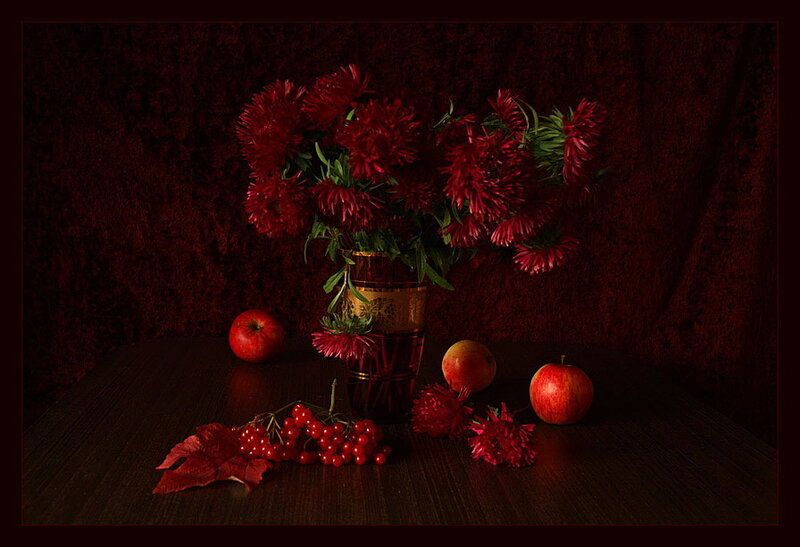 Red Flowers and Apples — Dramatic