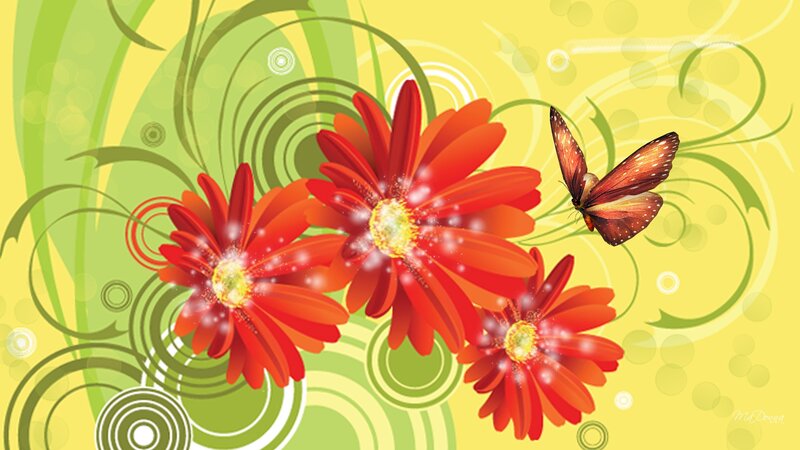 Red Flowers and Butterfly