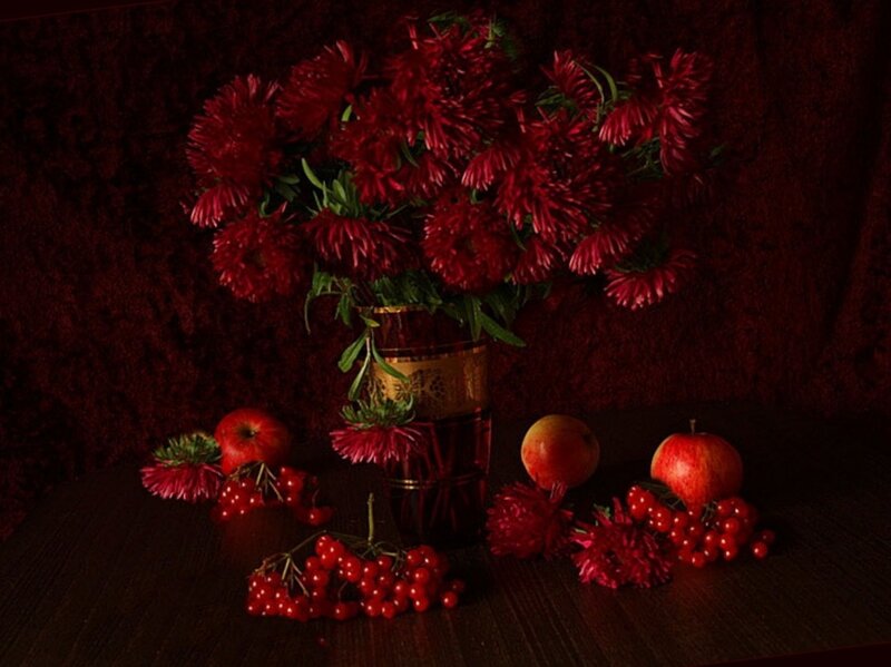 Red Flowers and Fruit — Dramatic