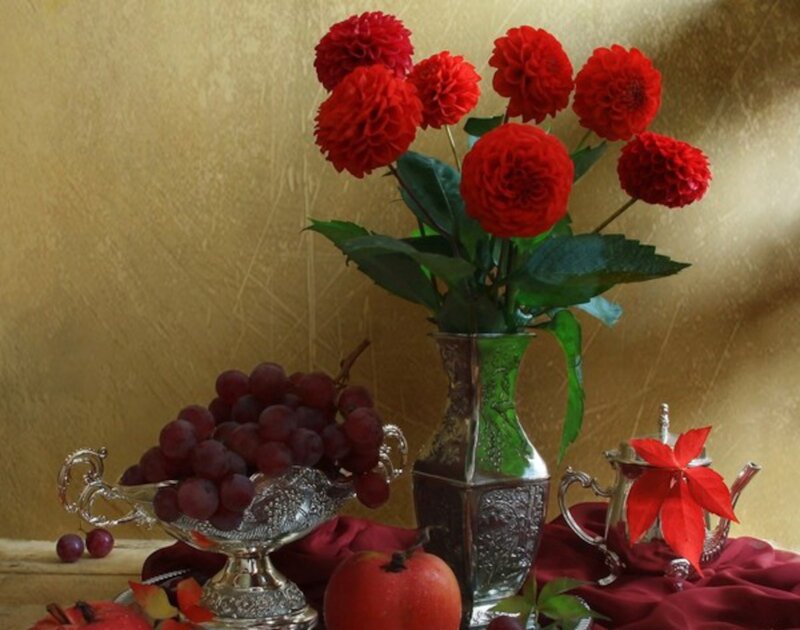 Red Flowers and Fruit — Still Life