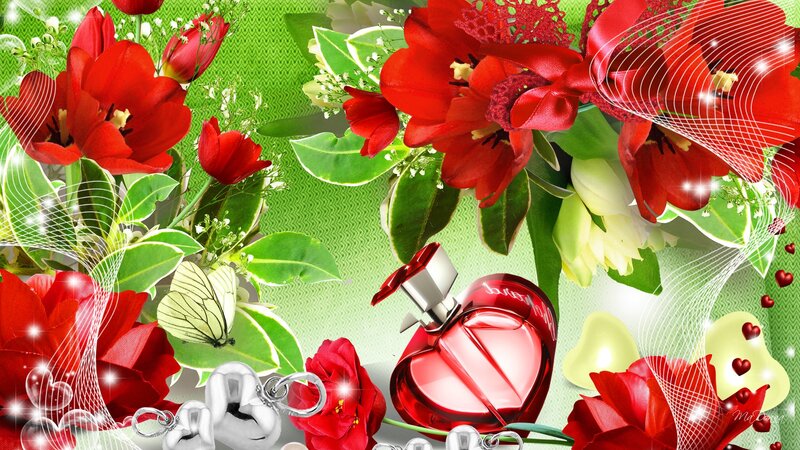 Red Flowers and Perfume Bottle