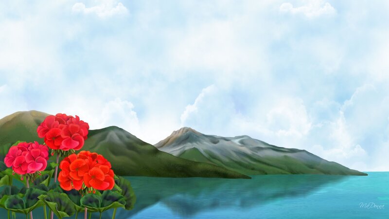 Red Flowers by Lake