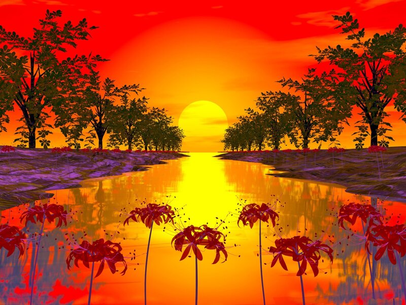 Red Flowers by River — Dramatic