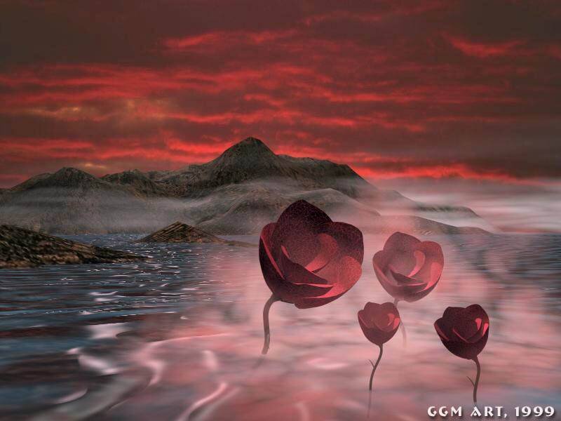 Red flowers in a misty landscape