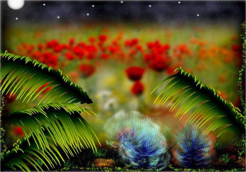 Red Flowers in Field — Green
