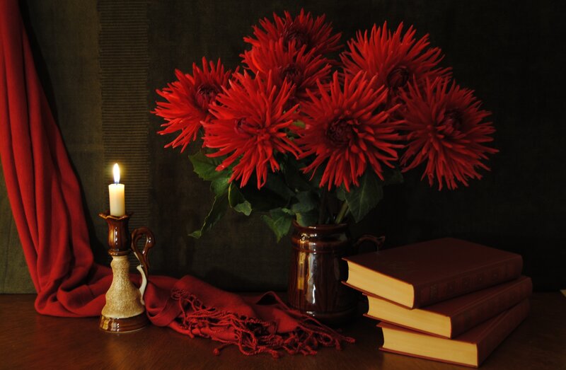 Red Flowers in Vase — Dramatic, Night