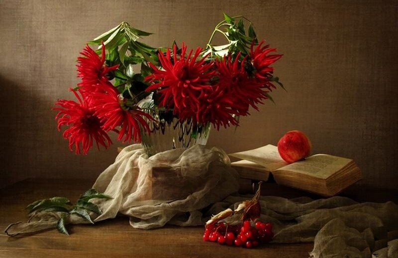 Red Flowers in Vase — Dramatic, Photograph, Book