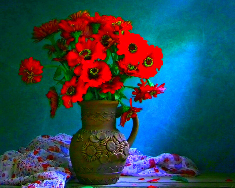 Red Flowers in Vase — Dramatic, Photograph, Cloth