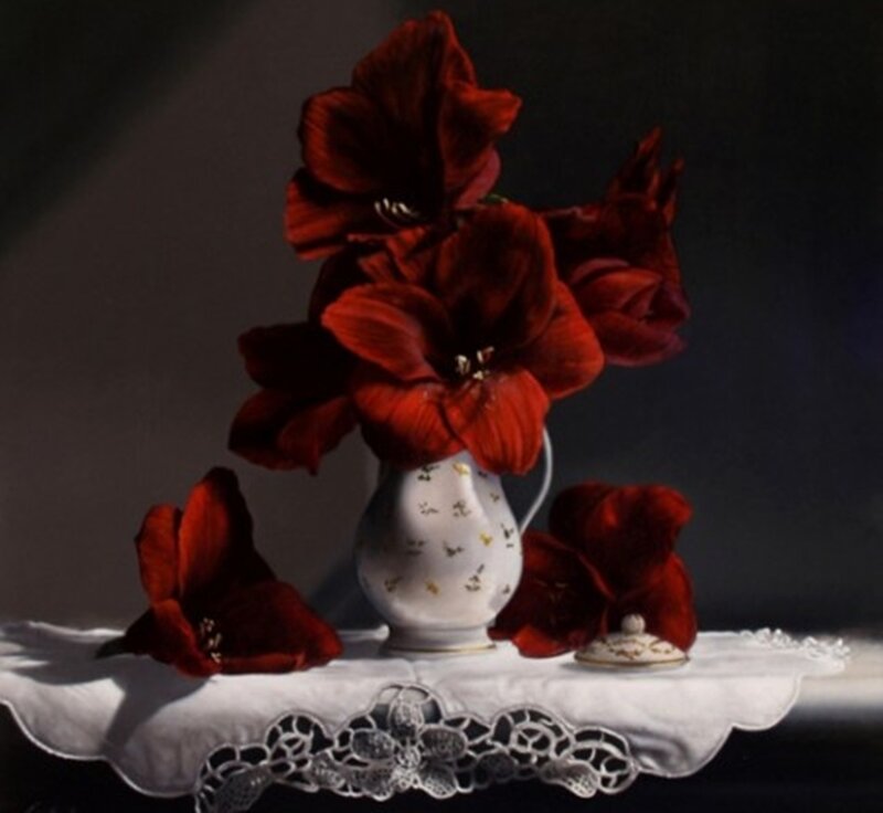 Red Flowers in Vase — Dramatic, Photograph, Tablecloth