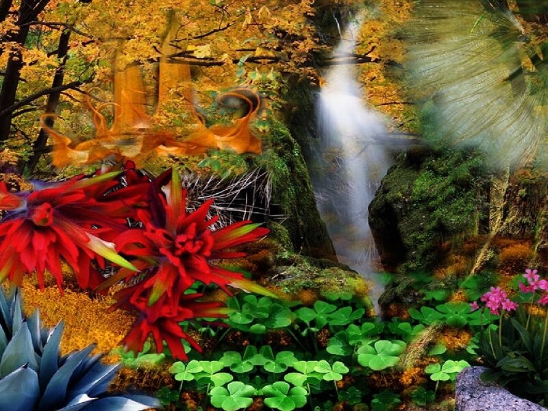 Red Flowers Near Waterfall