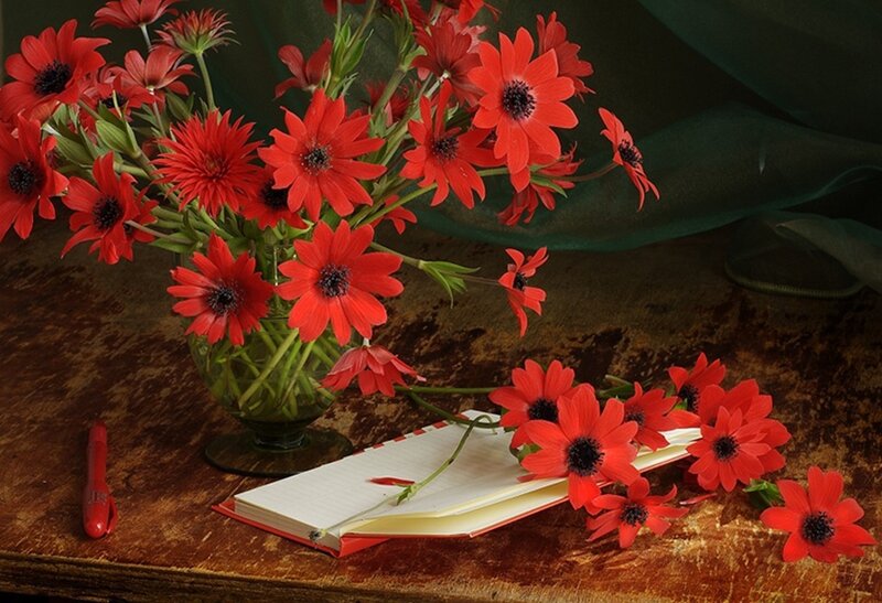 Red flowers on a wooden table